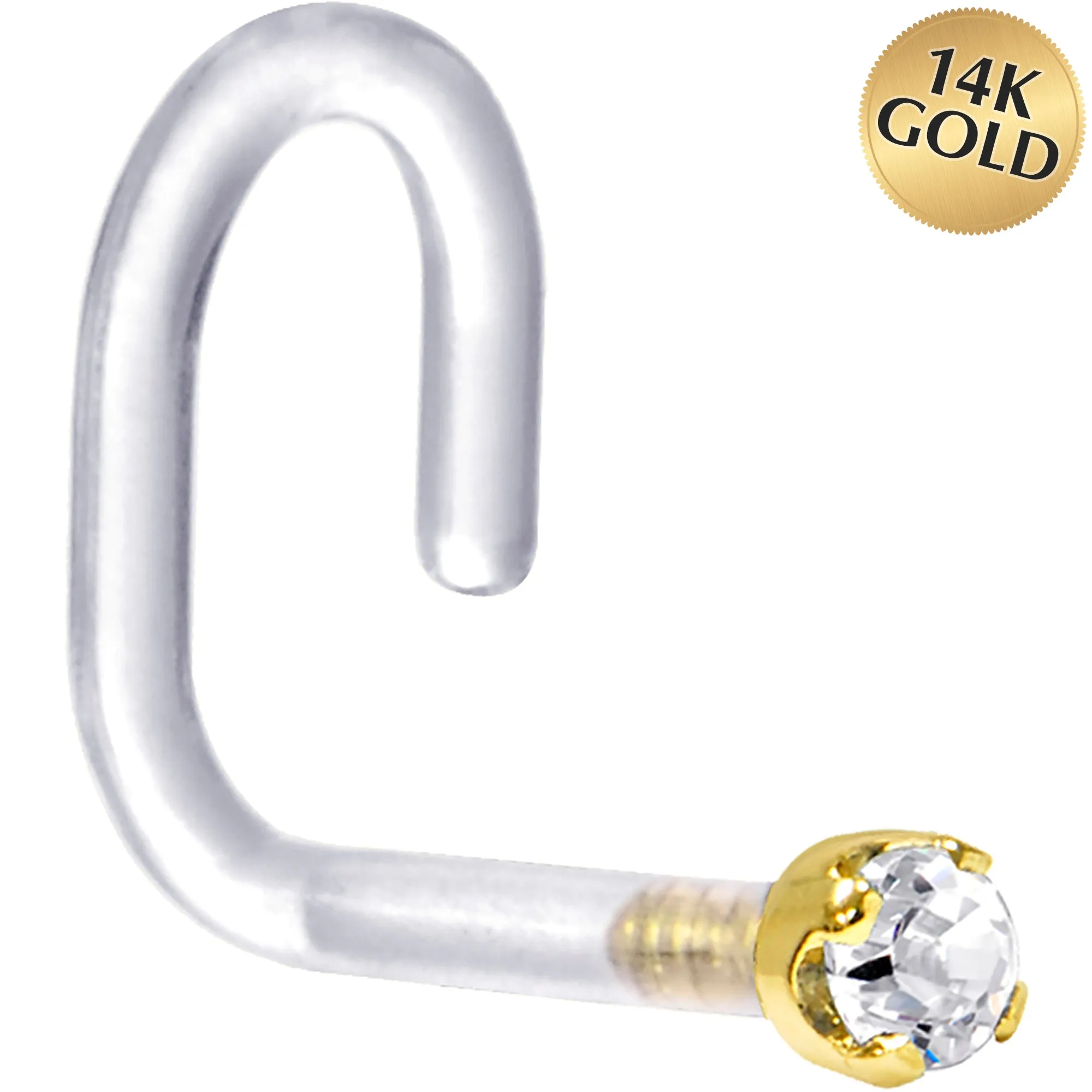 18 Gauge 1/4 Yellow Gold 1.5mm Clear Cubic Zirconia Bioplast Nose Ring