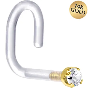 18 Gauge 1/4 Yellow Gold 1.5mm Clear Cubic Zirconia Bioplast Nose Ring