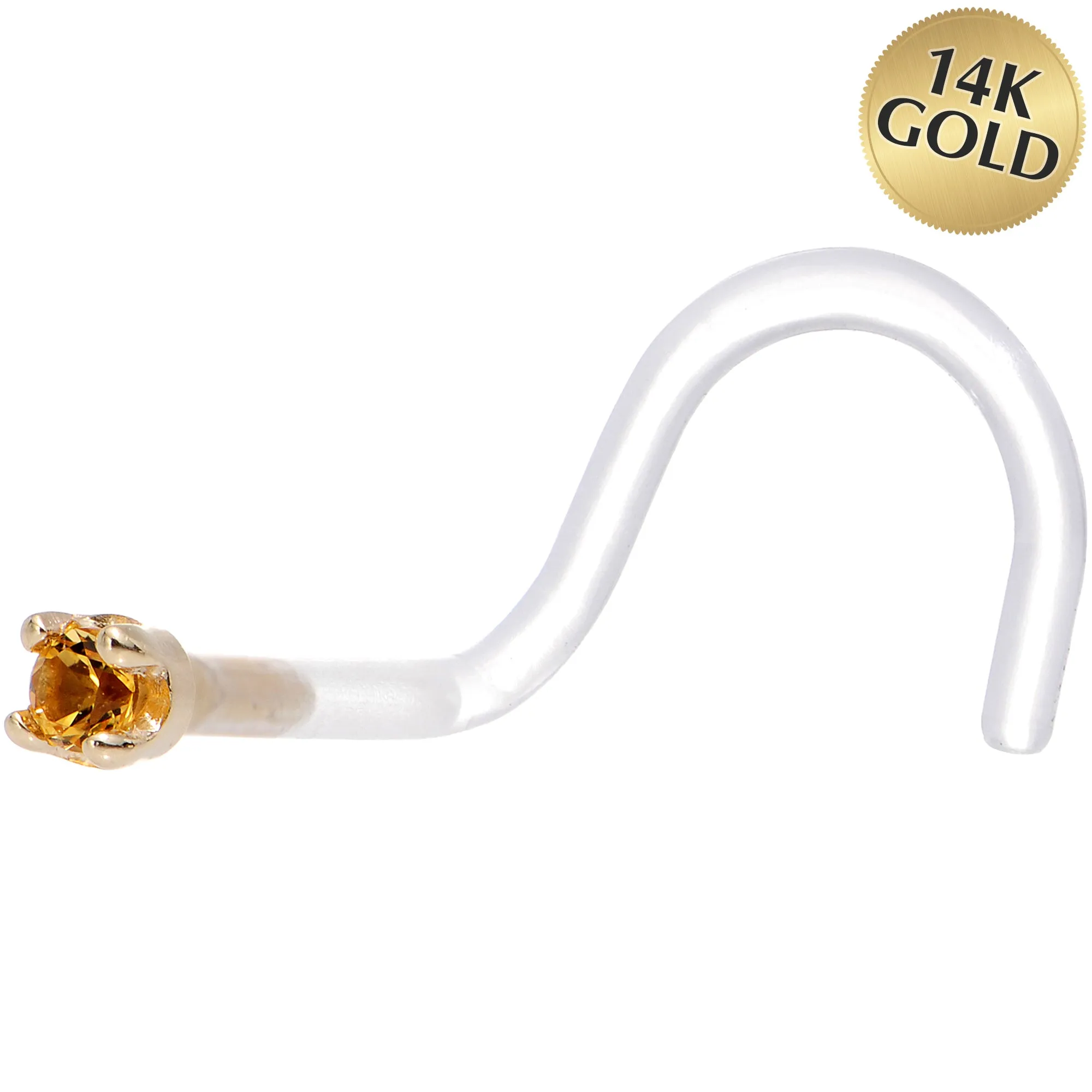 18 Gauge 1/4 Yellow Gold 1.5mm Genuine Citrine Bioplast Nose Ring