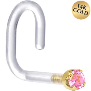 18 Gauge 1/4 Yellow Gold 1.5mm Pink Cubic Zirconia Bioplast Nose Ring