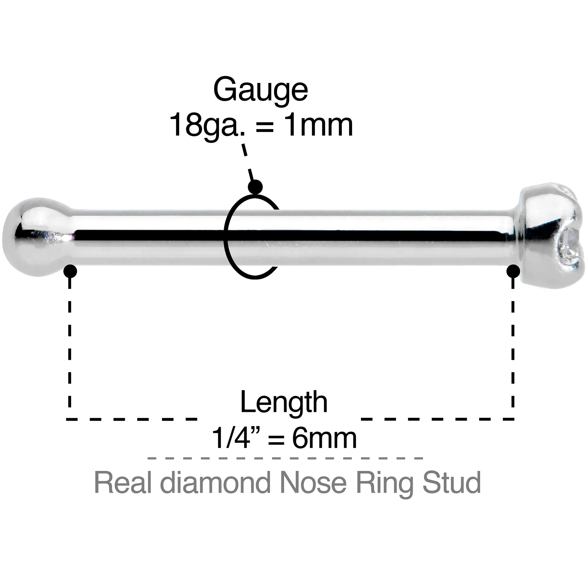 18 Gauge Solid 14k White Gold 1.5mm Genuine Diamond Nose Bone
