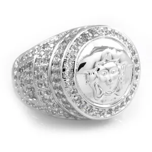 18K White Gold Plated Iced Medusa Ring