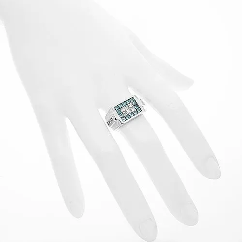 18K White Solid Gold Mens Diamond Ring with Blue Diamonds 2.75 Ctw