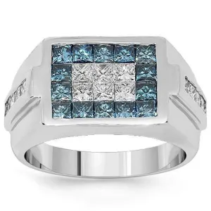 18K White Solid Gold Mens Diamond Ring with Blue Diamonds 2.75 Ctw