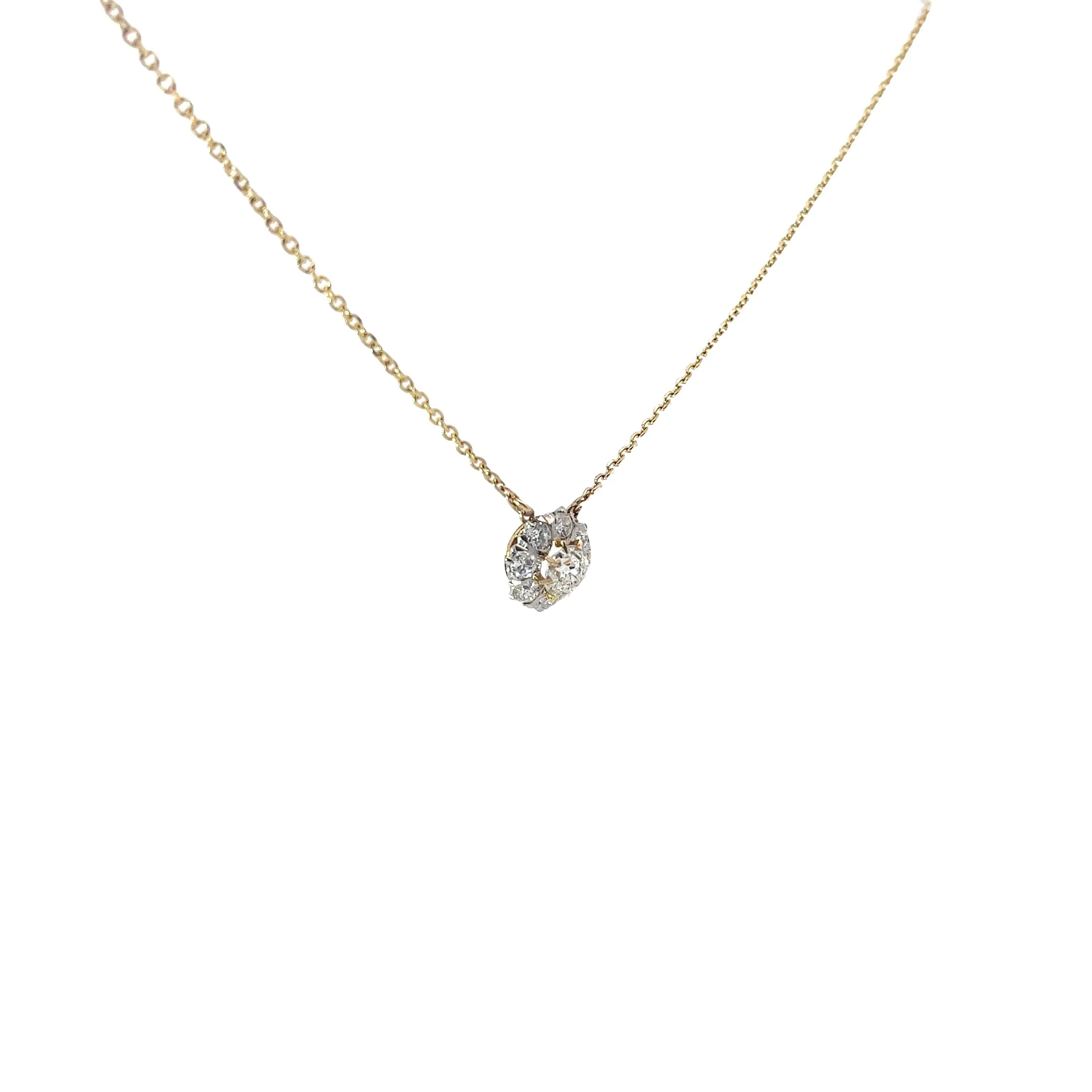 18k Yellow Gold 1.50ct F VS2 Round Vintage Old Mine Cut Solitaire Necklace