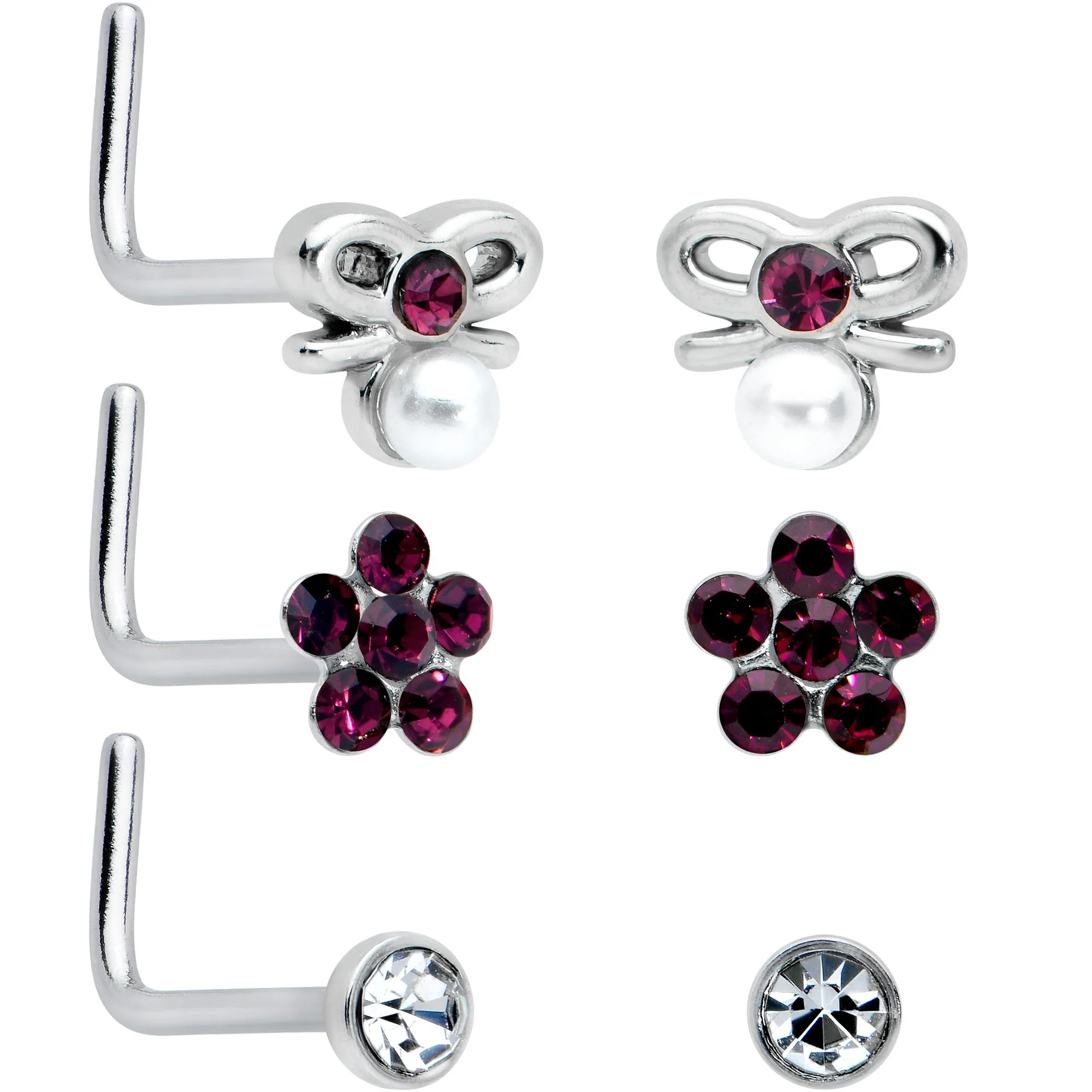 20 Gauge 1/4 Aurora Purple CZ Gem Flower Bow L Shape Nose Ring Set of 6