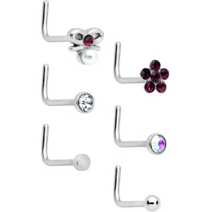 20 Gauge 1/4 Aurora Purple CZ Gem Flower Bow L Shape Nose Ring Set of 6