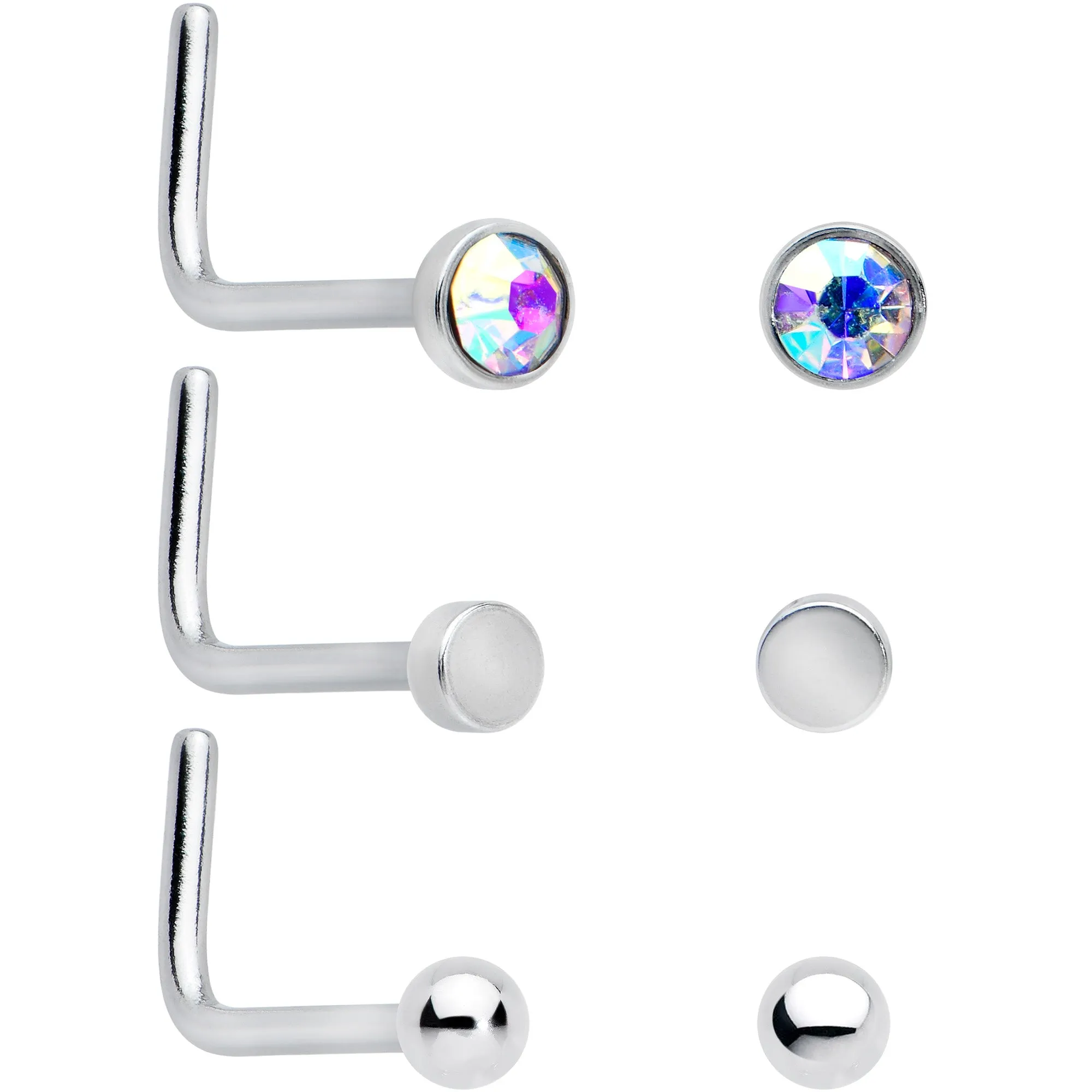20 Gauge 1/4 Aurora Purple CZ Gem Flower Bow L Shape Nose Ring Set of 6