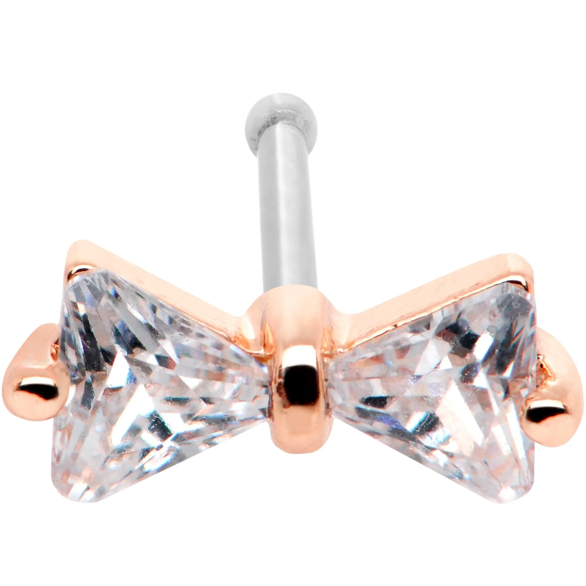 20 Gauge 1/4 Clear CZ Gem Rose Gold Tone Bow Tie Formal Nose Bone