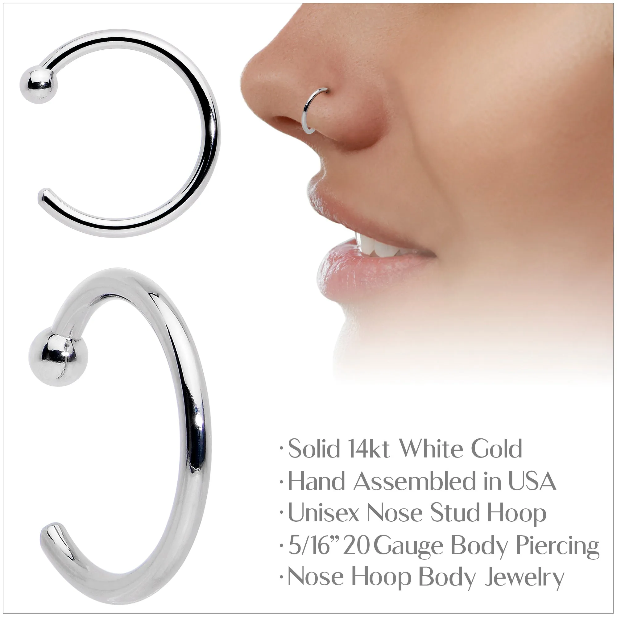 20 Gauge 5/16 Solid 14KT White Gold Nose Hoop