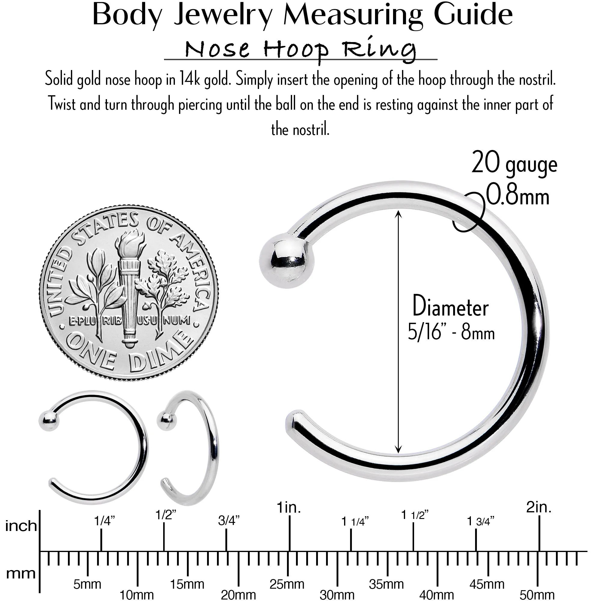 20 Gauge 5/16 Solid 14KT White Gold Nose Hoop