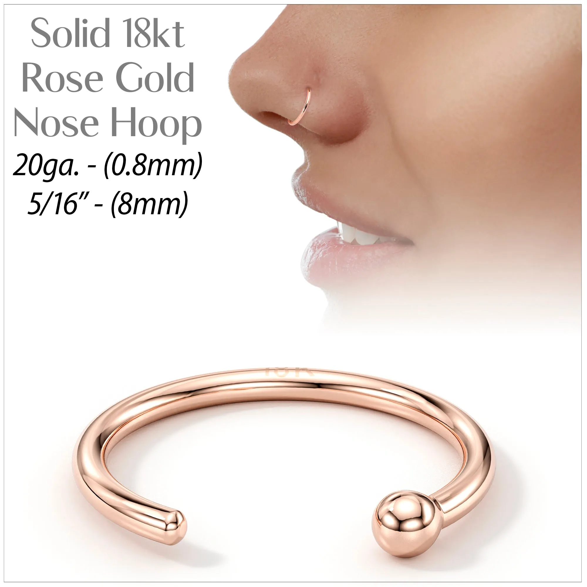 20 Gauge 5/16 Solid 18KT Rose Gold Nose Hoop