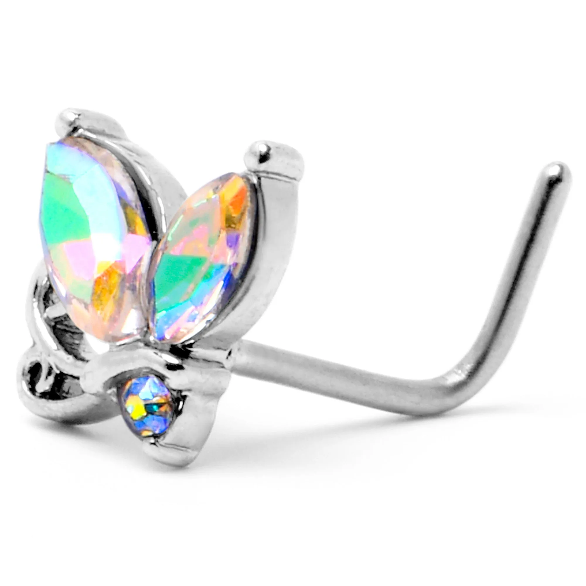 20 Gauge 7mm Aurora CZ Gem Fleur de Lis Butterfly L Shape Nose Ring