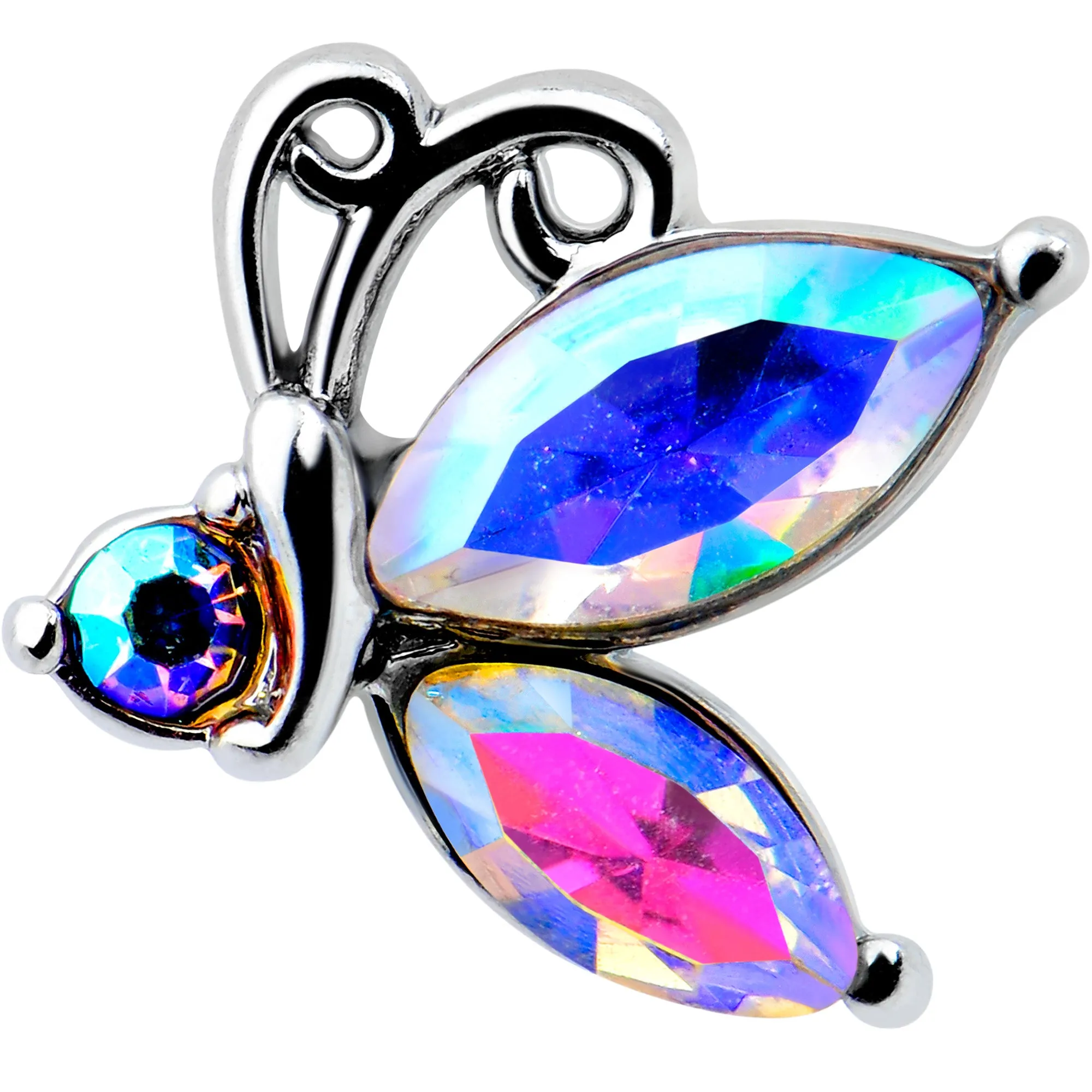 20 Gauge 7mm Aurora CZ Gem Fleur de Lis Butterfly L Shape Nose Ring