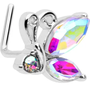 20 Gauge 7mm Aurora CZ Gem Fleur de Lis Butterfly L Shape Nose Ring