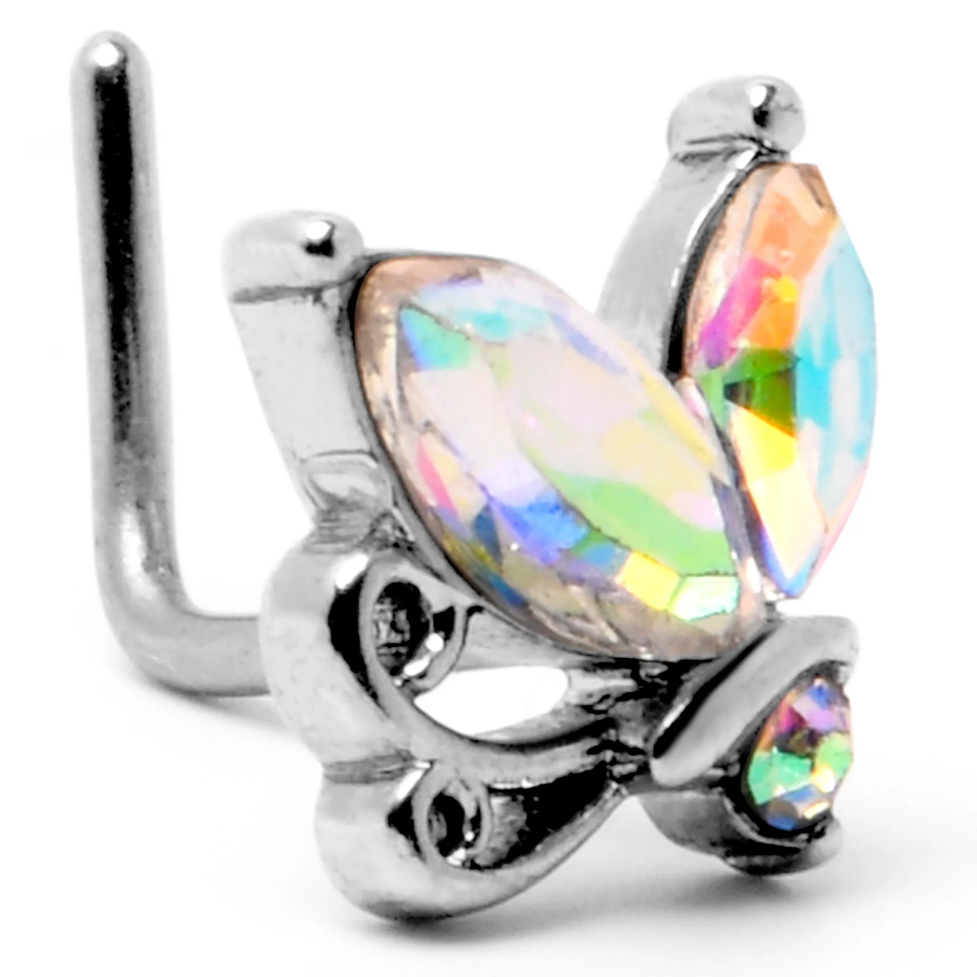 20 Gauge 7mm Aurora CZ Gem Fleur de Lis Butterfly L Shape Nose Ring