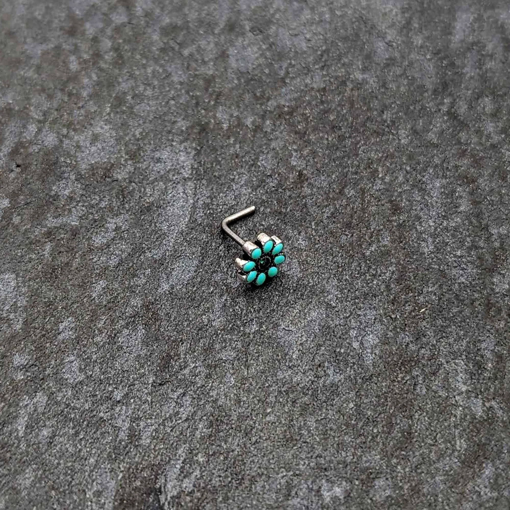 20 Gauge 7mm Blue Gem Flower Teal Petals L Shape Nose Ring