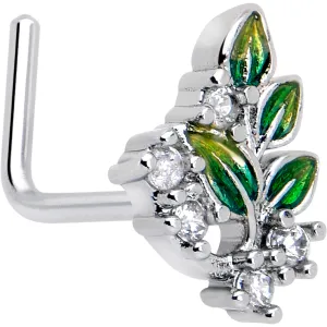 20 Gauge 7mm Clear CZ Gem Morning Leaves L Shape Nose Ring