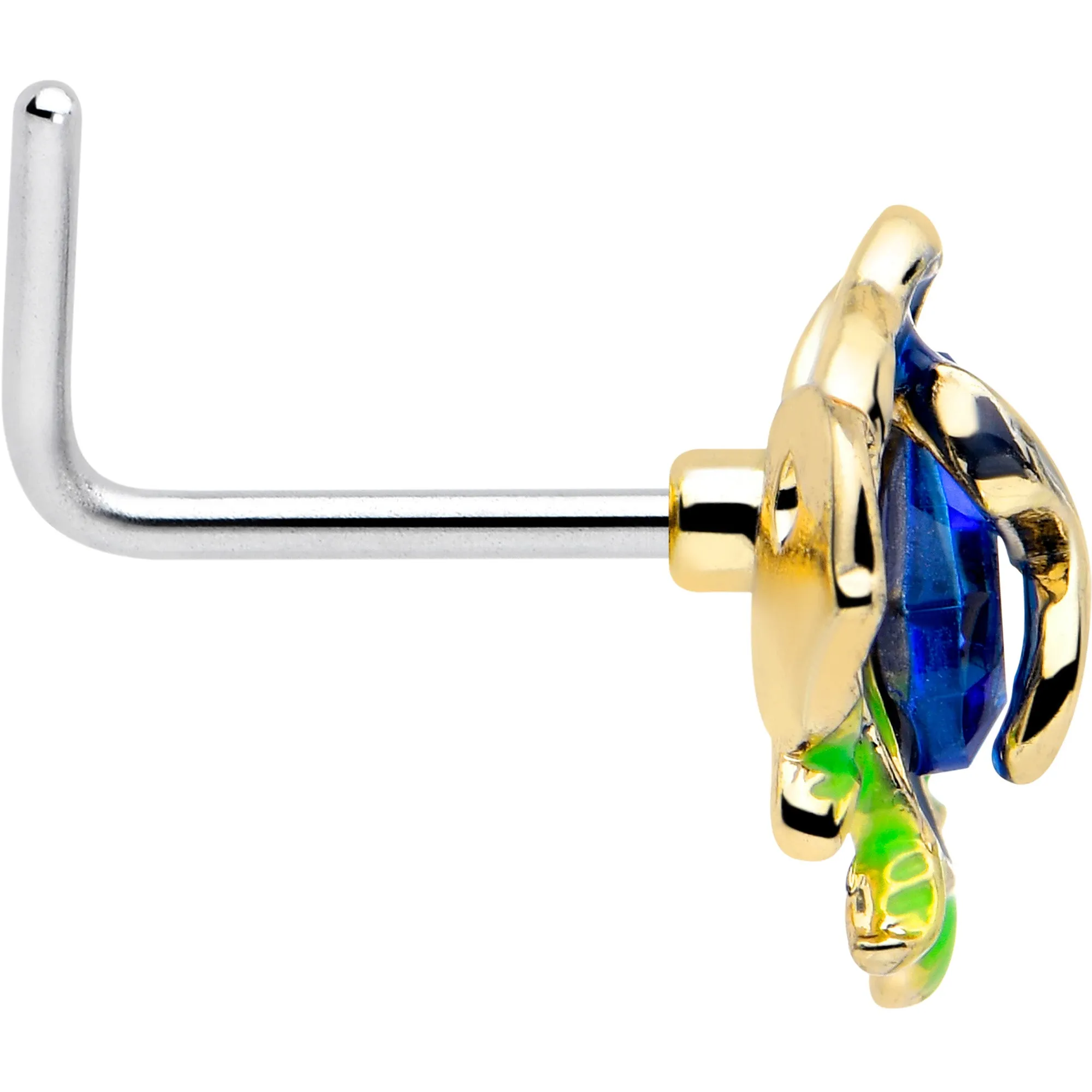 20 Gauge 7mm Deep Blue Flower L Shape Nose Ring