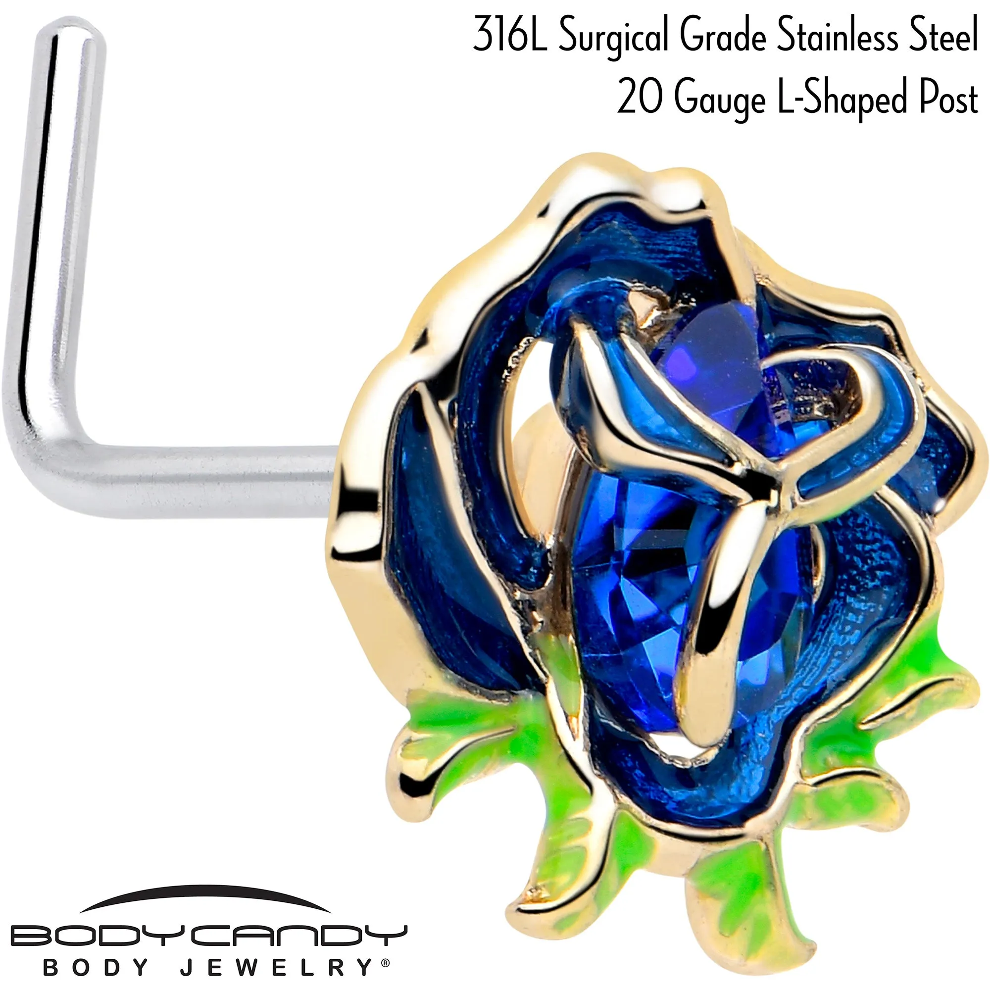 20 Gauge 7mm Deep Blue Flower L Shape Nose Ring