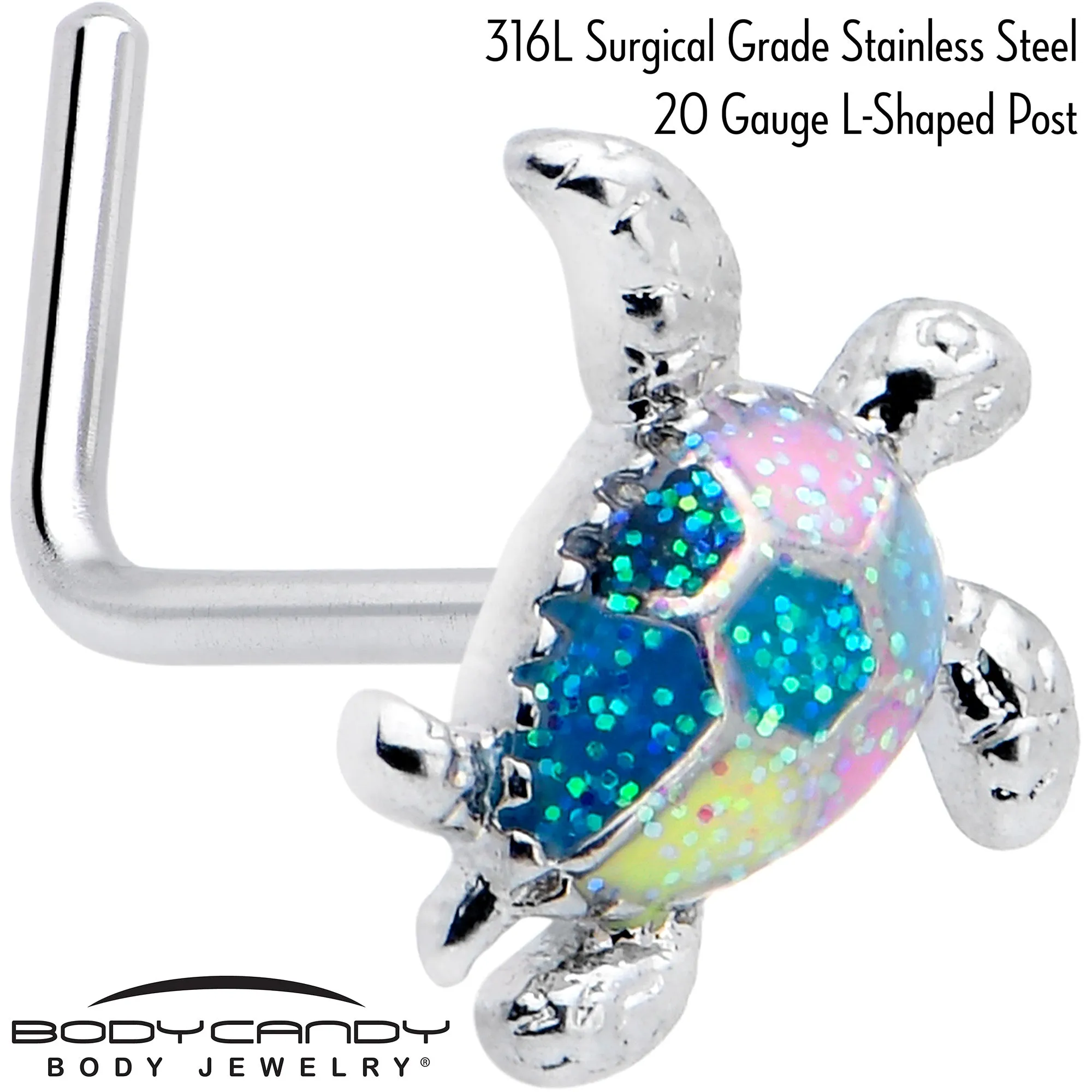 20 Gauge 7mm Glitter Turtle L Shape Nose Ring