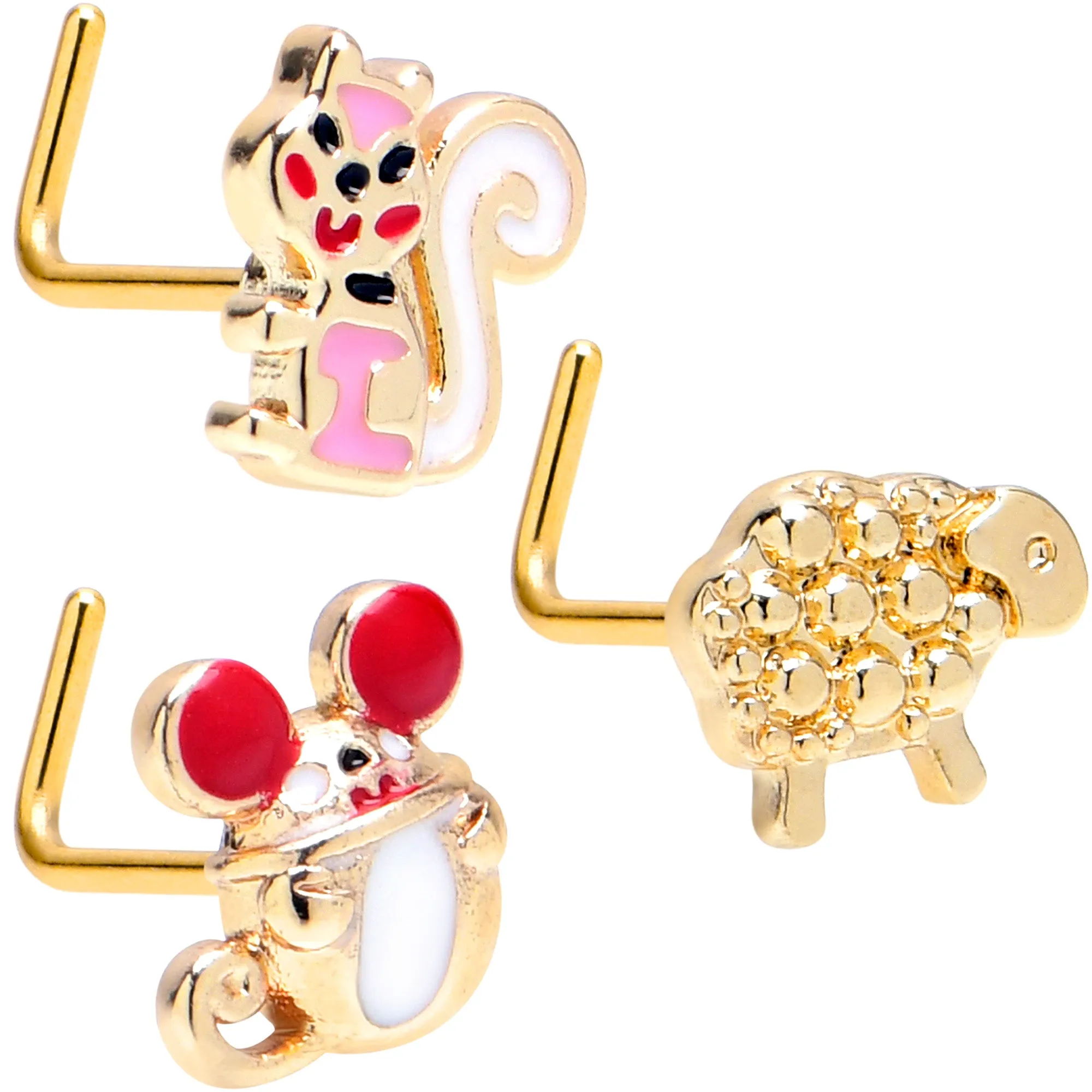 20 Gauge 7mm Gold Tone Pretty Critters L Shape Nose Ring Set of 3