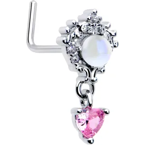 20 Gauge 7mm Pink CZ Gem Heart Mystique Dangle L Shape Nose Ring
