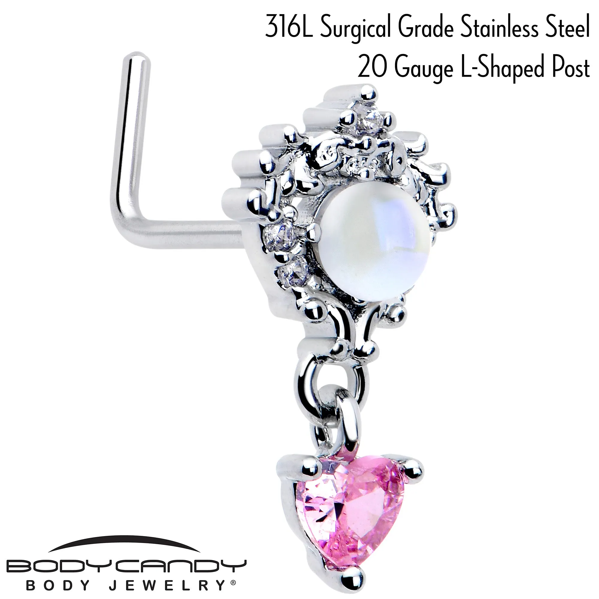 20 Gauge 7mm Pink CZ Gem Heart Mystique Dangle L Shape Nose Ring