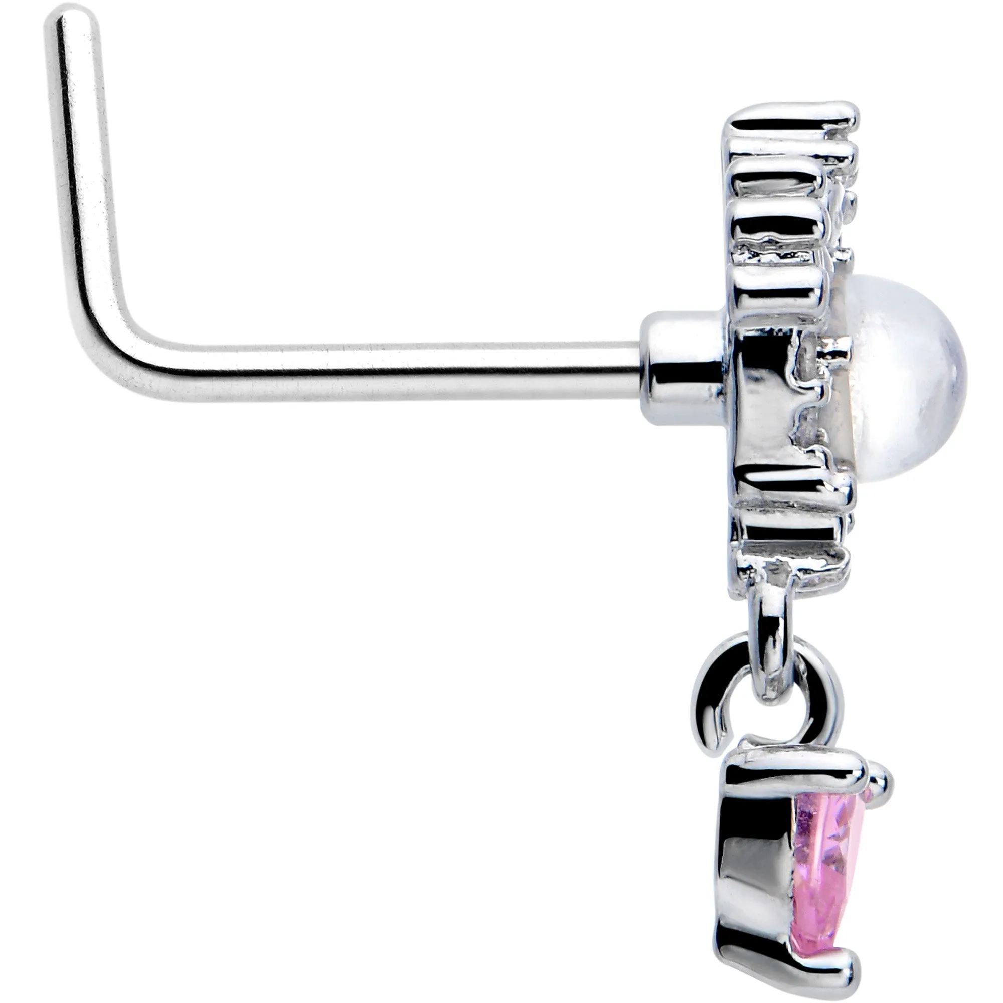 20 Gauge 7mm Pink CZ Gem Heart Mystique Dangle L Shape Nose Ring