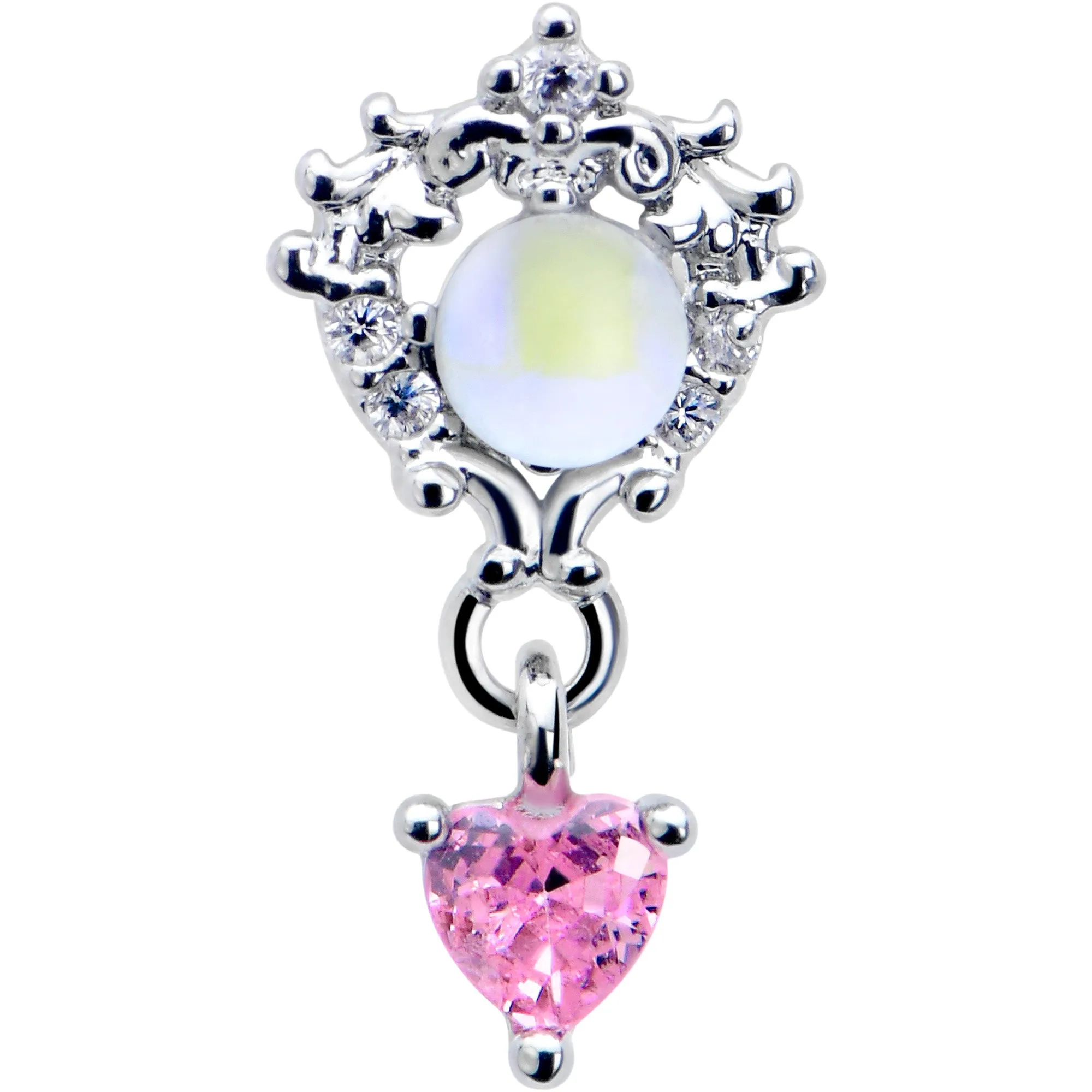 20 Gauge 7mm Pink CZ Gem Heart Mystique Dangle L Shape Nose Ring