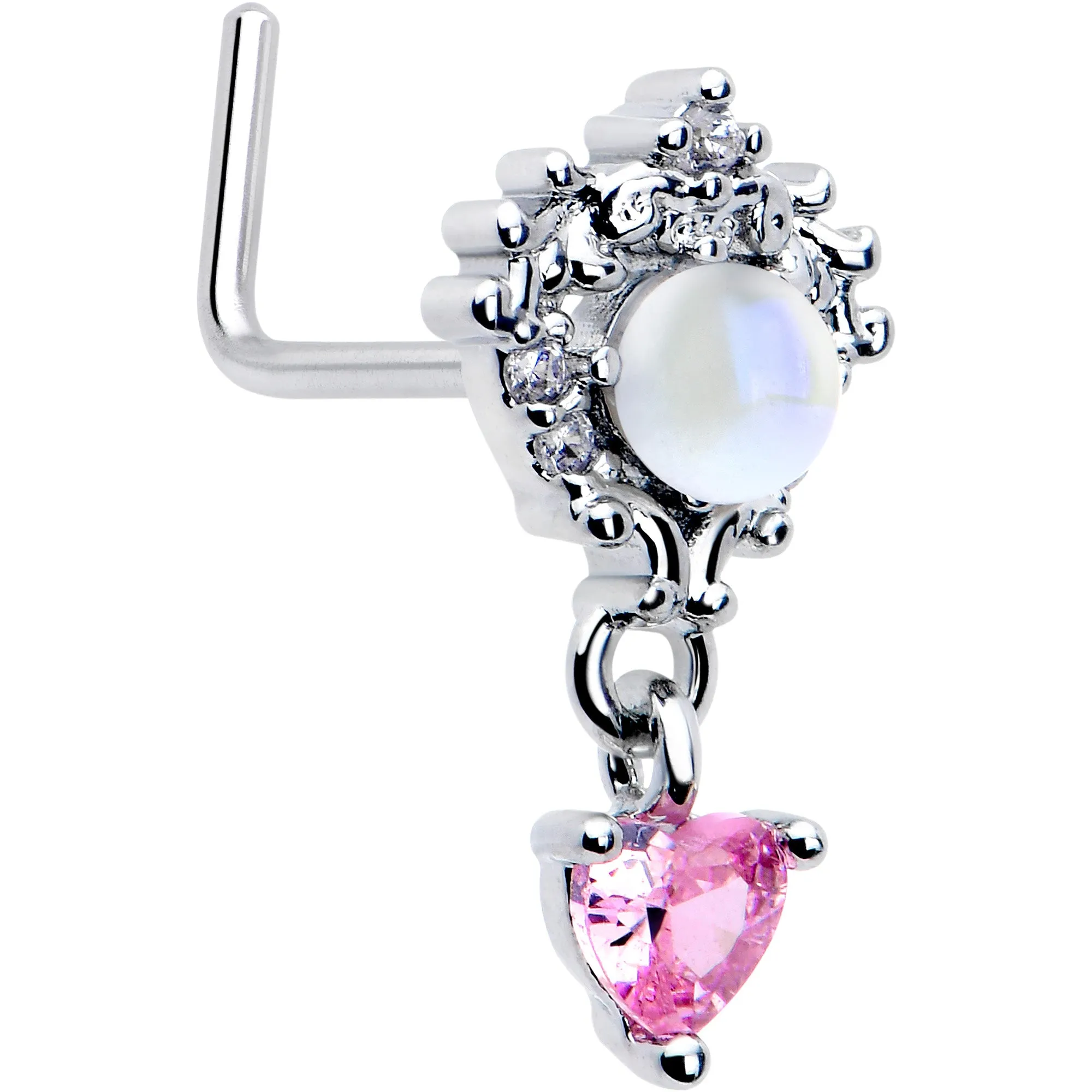 20 Gauge 7mm Pink CZ Gem Heart Mystique Dangle L Shape Nose Ring