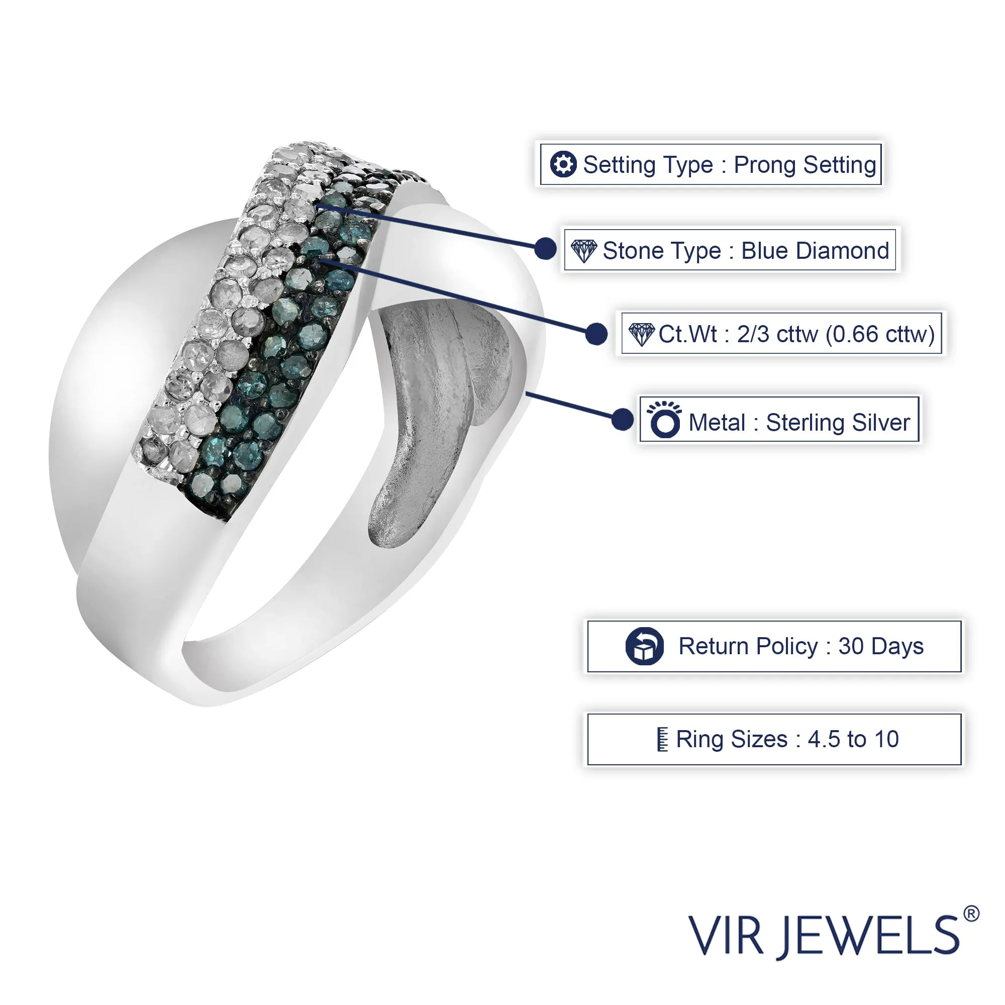 2/3 cttw Overlap Blue Diamond Wedding Band in Sterling Silver