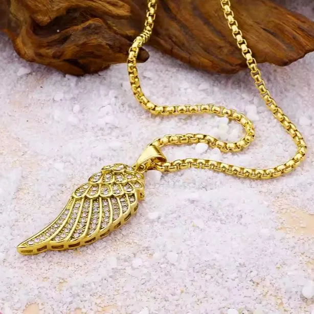 24" Luxury Jewelry Stainless Steel Gold Plated Angel Wings Electroplated Pendant Necklace