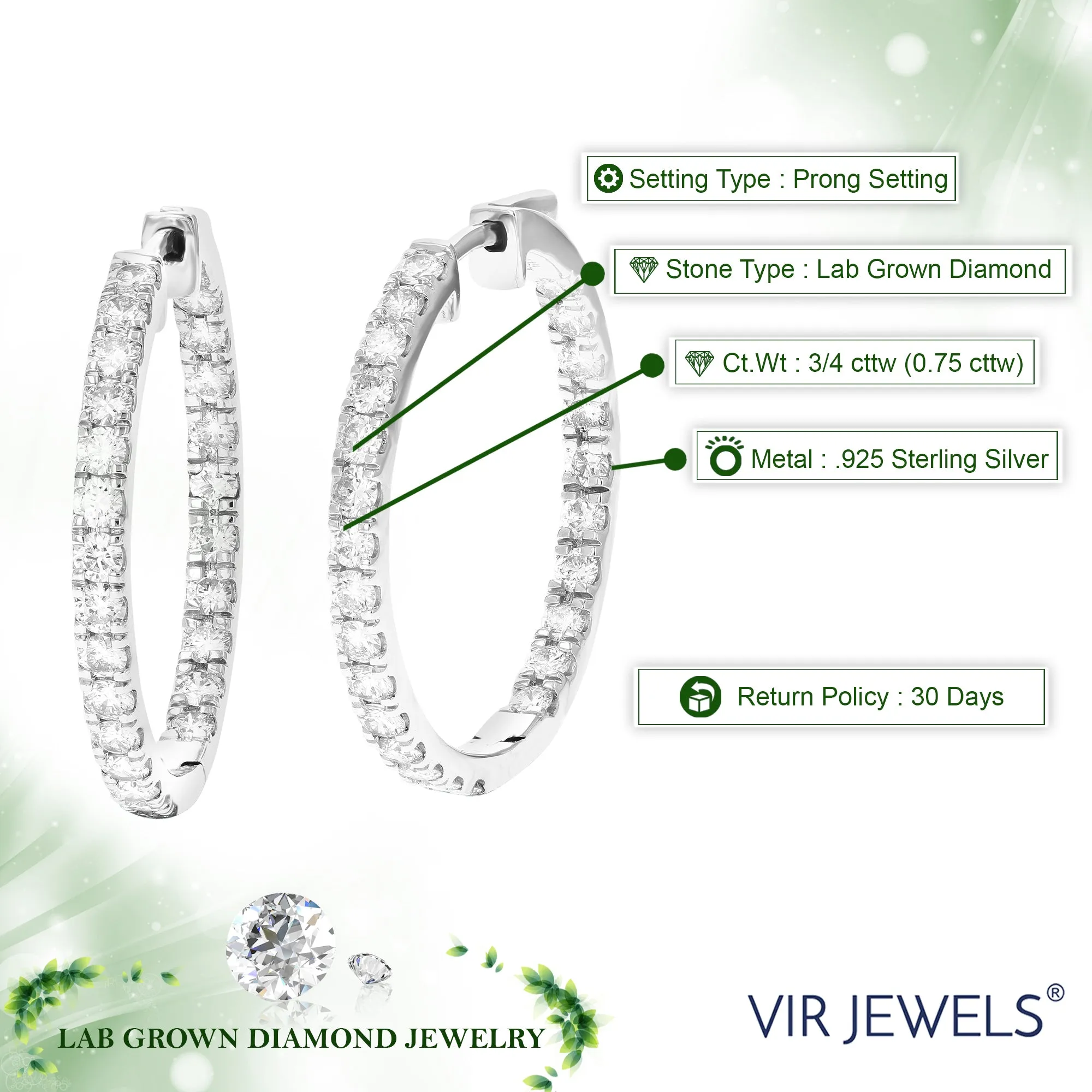 3/4 cttw Lab Grown Diamond Inside Out Hoop Earrings in 925 Silver