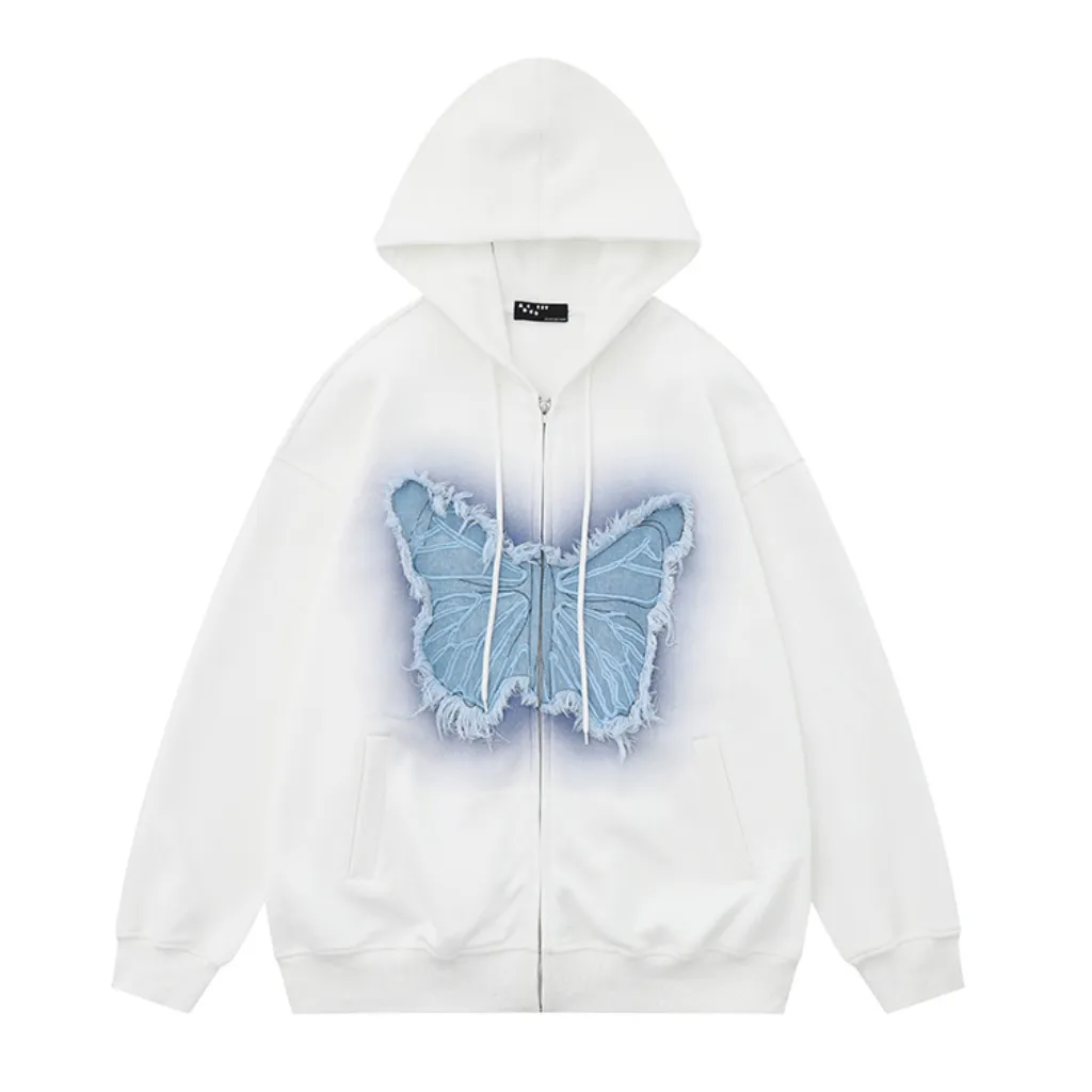 3D Denim Butterfly Patch Hoodie