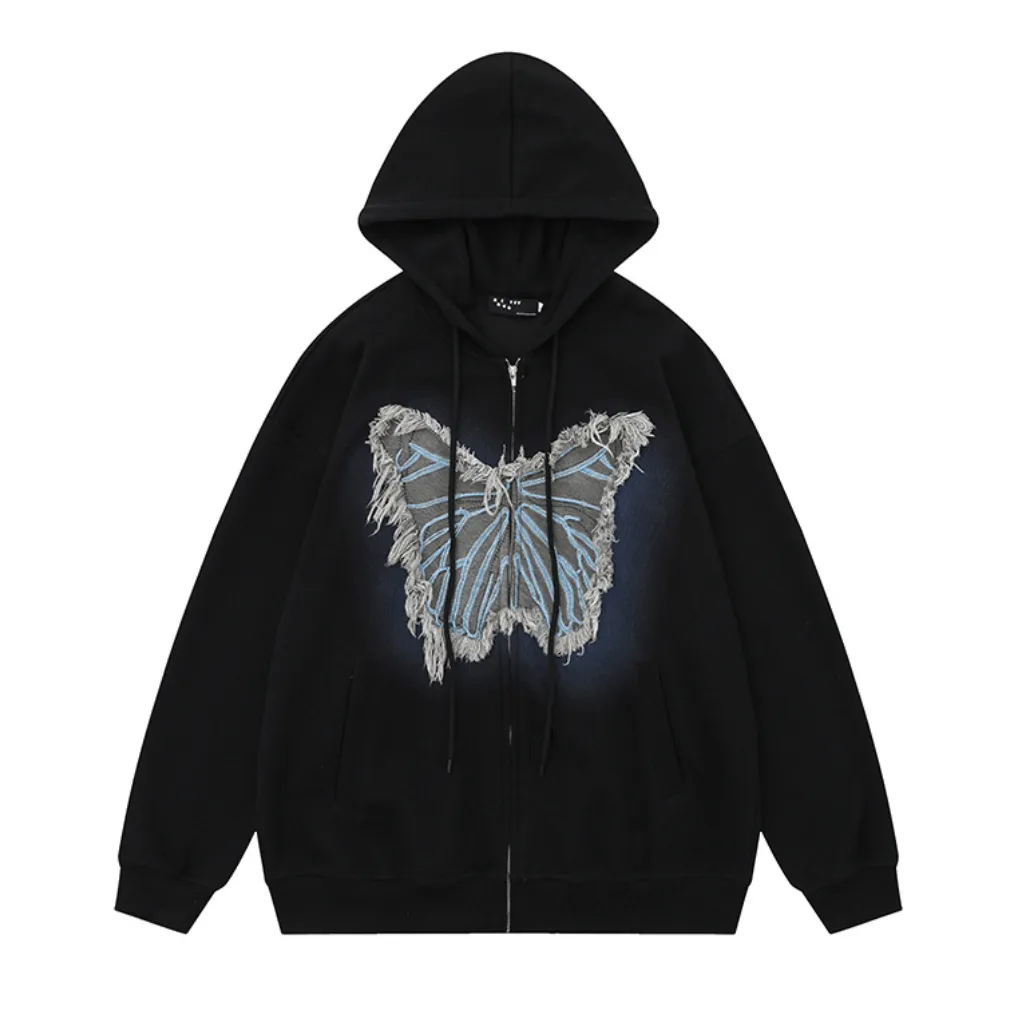 3D Denim Butterfly Patch Hoodie