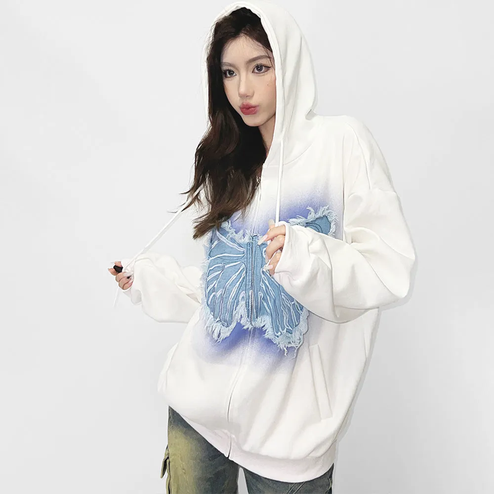 3D Denim Butterfly Patch Hoodie