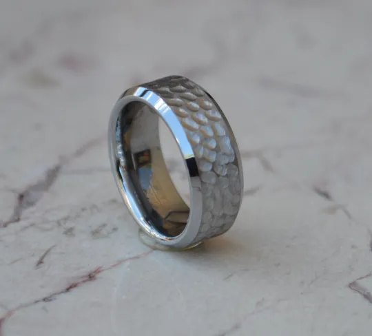8mm Tungsten Wedding Band Beveled Edge Comfort Fit Diamond Hammer Design Men or Women Sizes 4 5 6 7 8 9 10 11 12 13 14 15 16 and Half Sizes
