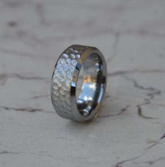 8mm Tungsten Wedding Band Beveled Edge Comfort Fit Diamond Hammer Design Men or Women Sizes 4 5 6 7 8 9 10 11 12 13 14 15 16 and Half Sizes