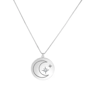 925 Sterling Silver Diamond Accent Star & Moon Disc Pendant Necklace