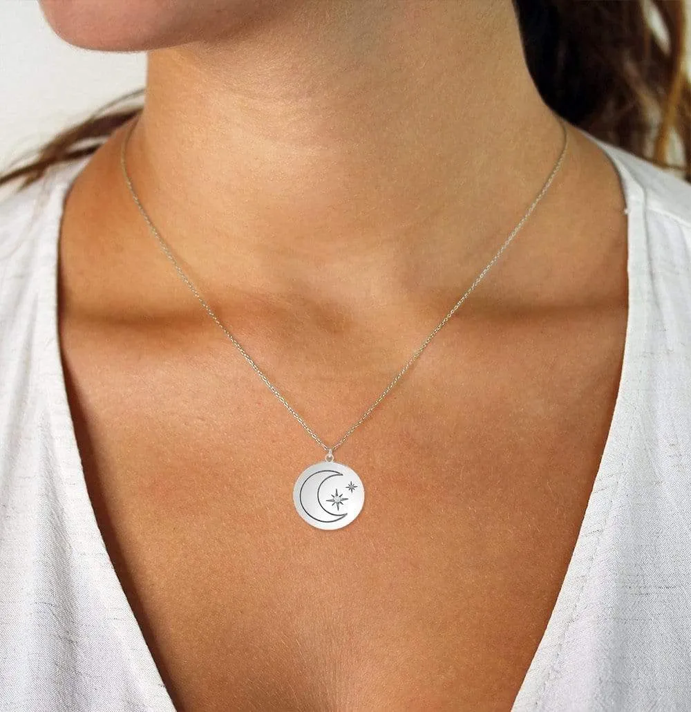 925 Sterling Silver Diamond Accent Star & Moon Disc Pendant Necklace