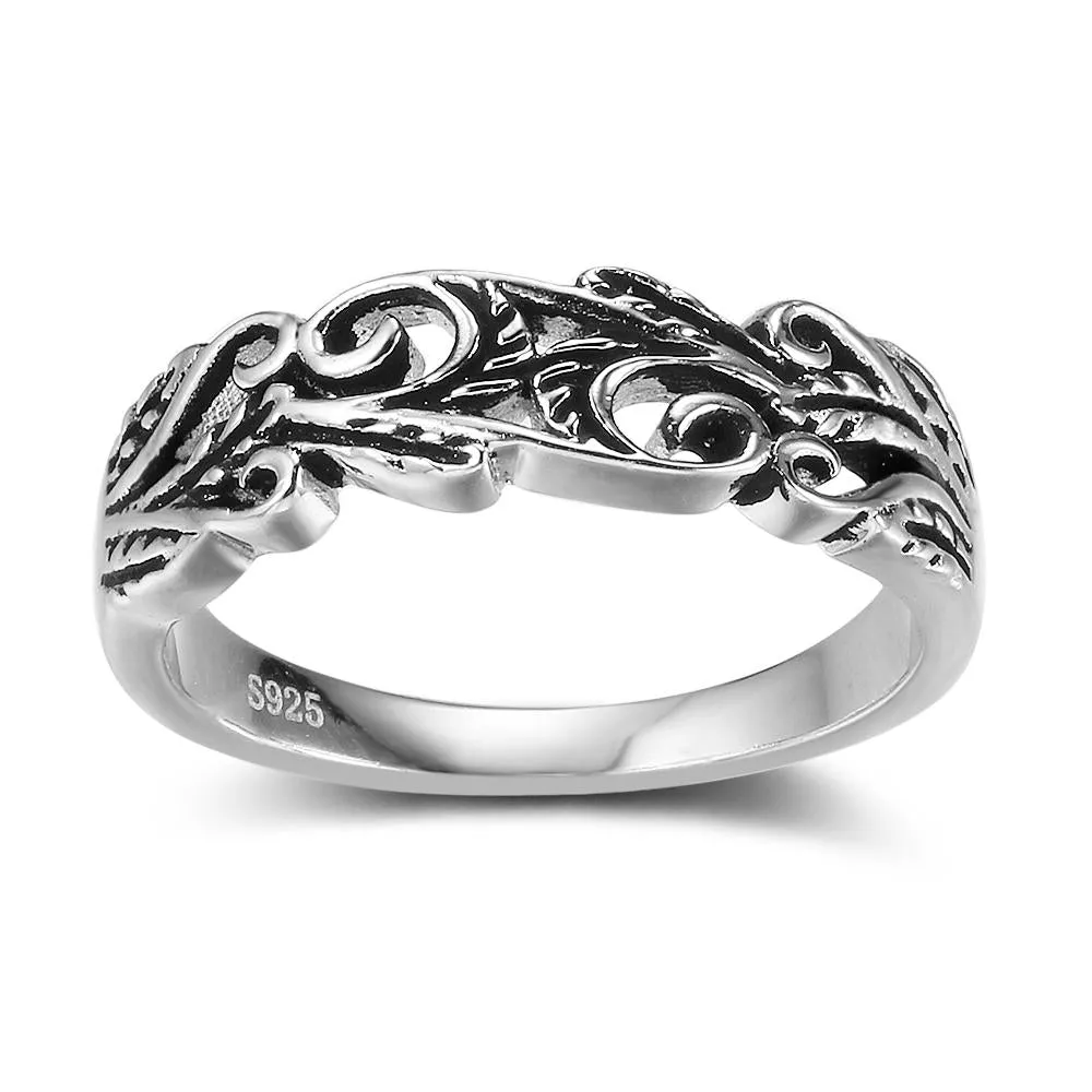 925 Sterling Silver Punk Style Hollow Out Ring, Fashion Jewelry Gift for Women