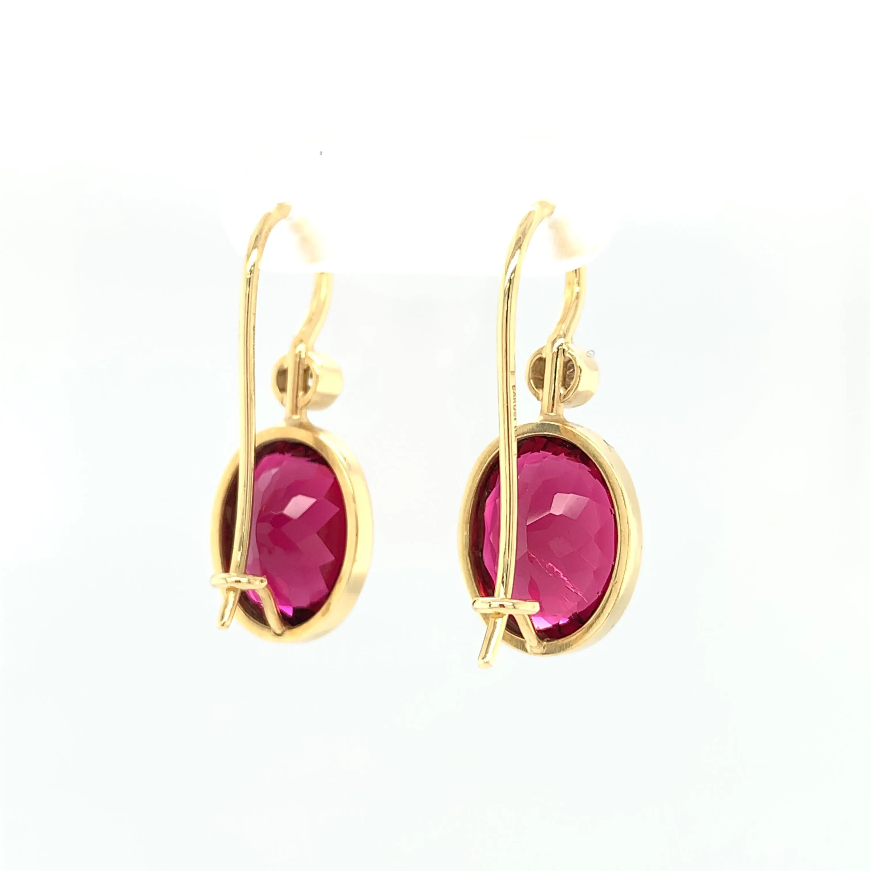 9.62 ct. t.w. Bezel Set Rubellite Tourmaline & Diamond Yellow Gold Drop Earrings