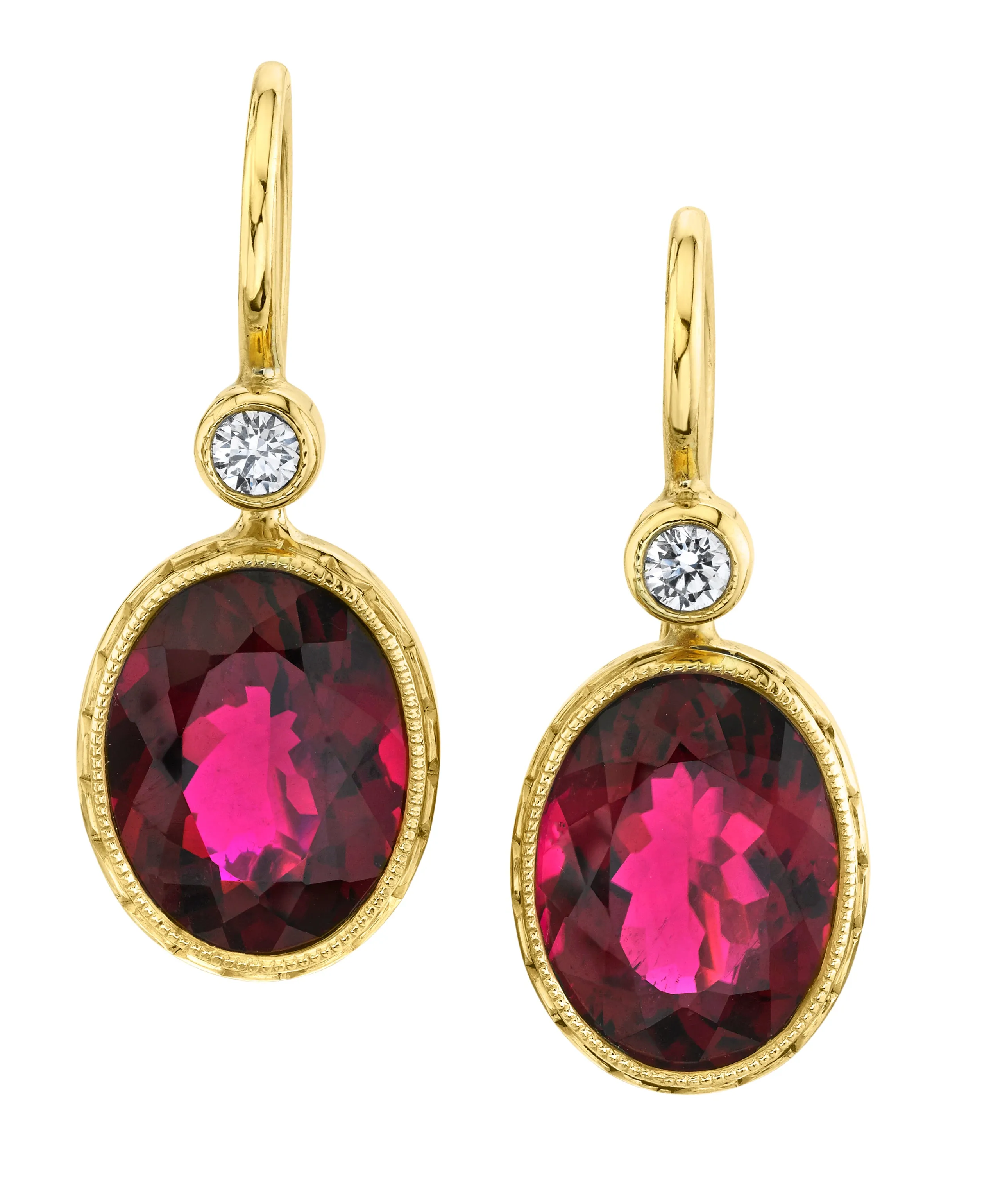 9.62 ct. t.w. Bezel Set Rubellite Tourmaline & Diamond Yellow Gold Drop Earrings