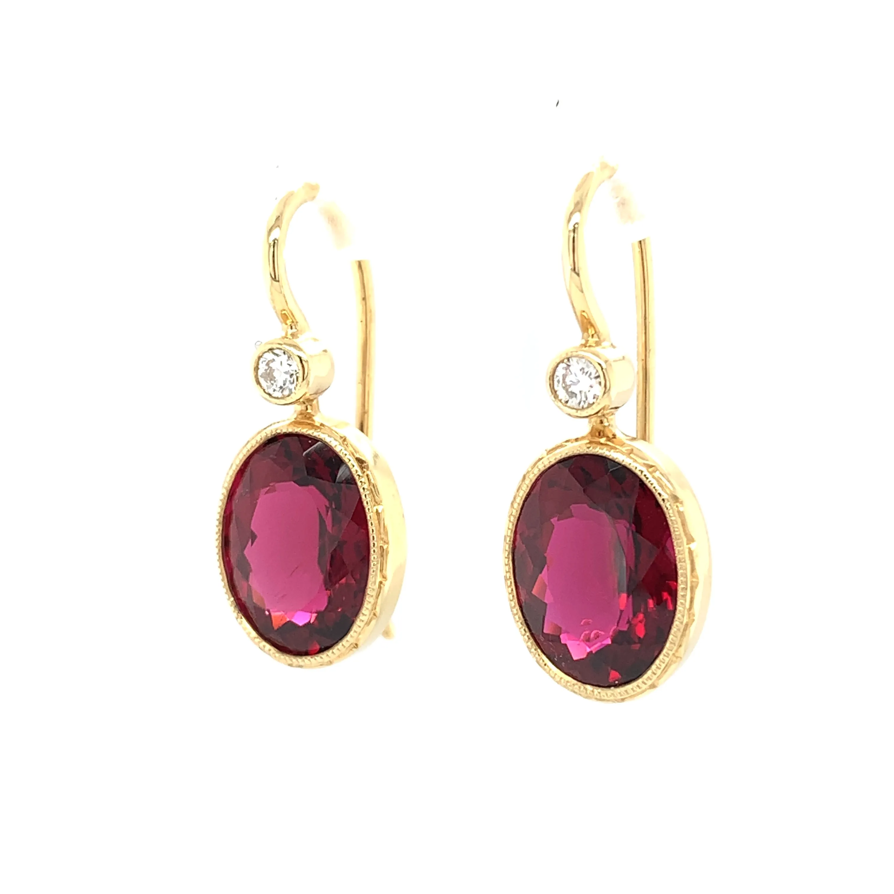9.62 ct. t.w. Bezel Set Rubellite Tourmaline & Diamond Yellow Gold Drop Earrings