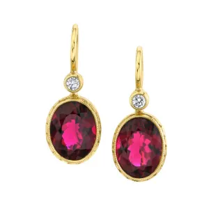 9.62 ct. t.w. Bezel Set Rubellite Tourmaline & Diamond Yellow Gold Drop Earrings