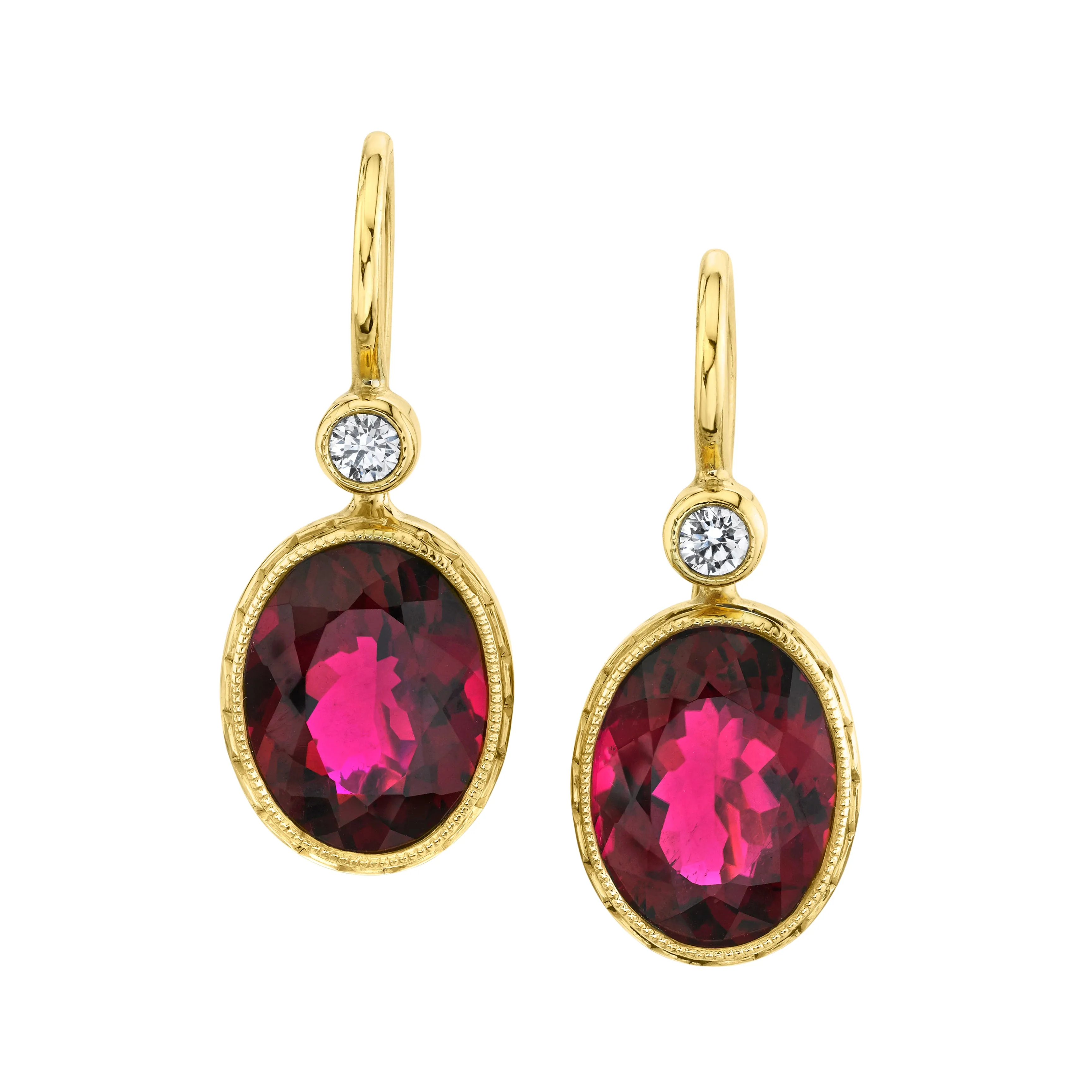9.62 ct. t.w. Bezel Set Rubellite Tourmaline & Diamond Yellow Gold Drop Earrings