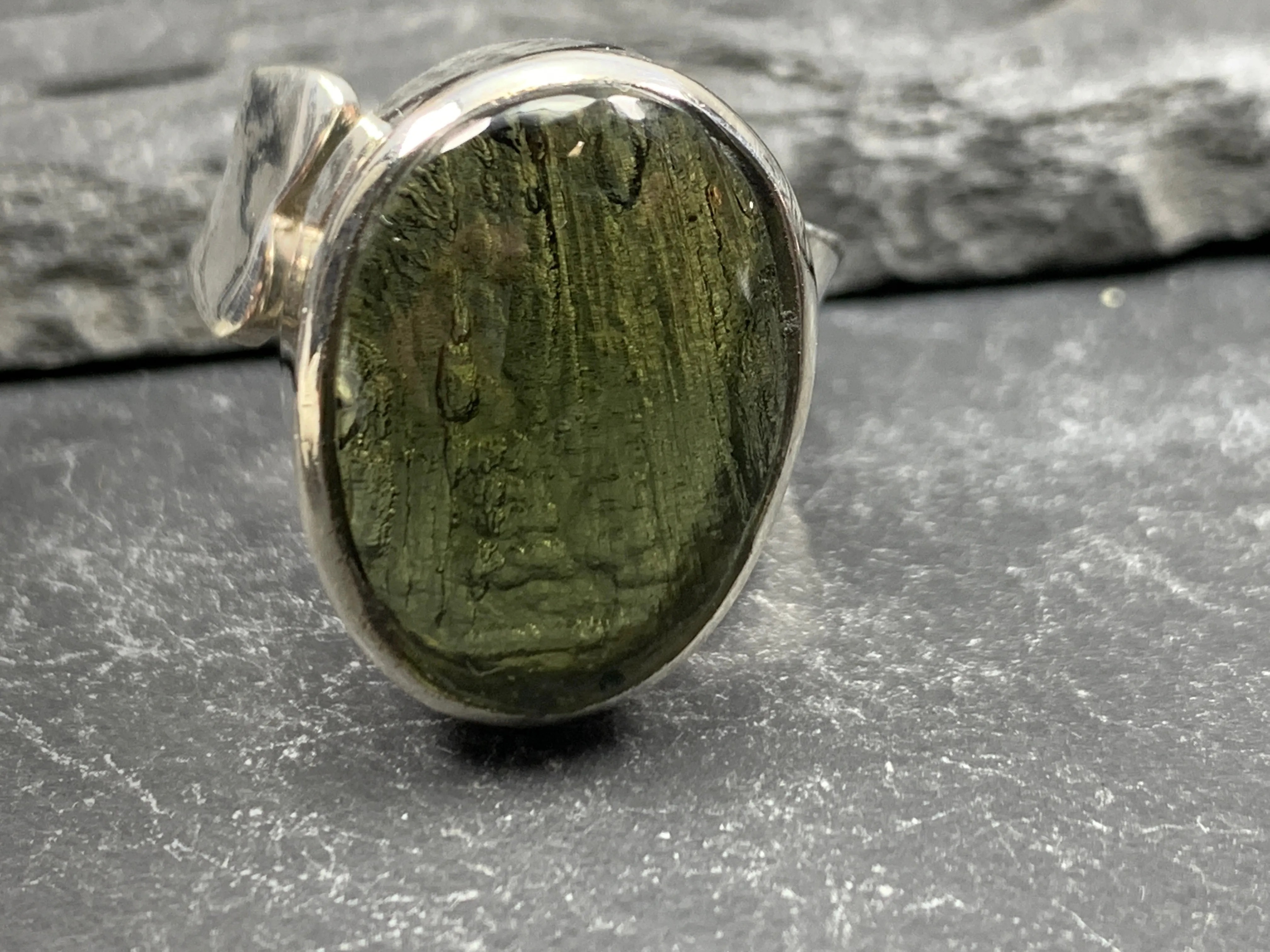 Alya - Moldavite ring, adjustable one of a kind ring with polished Moldavite/ size 8 US