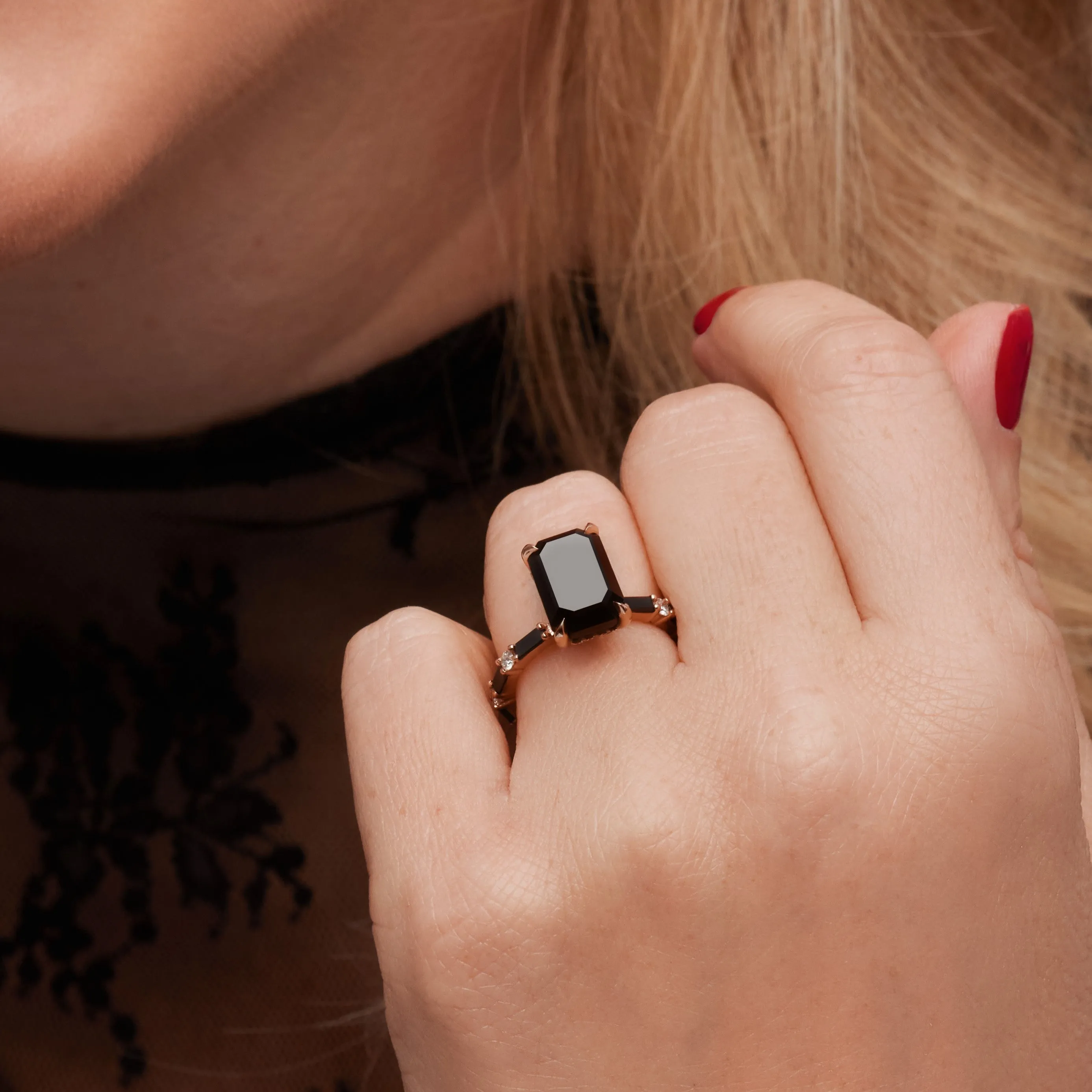 Arafel - Art Deco Natural Black Diamond Emerald Cut Engagement Ring