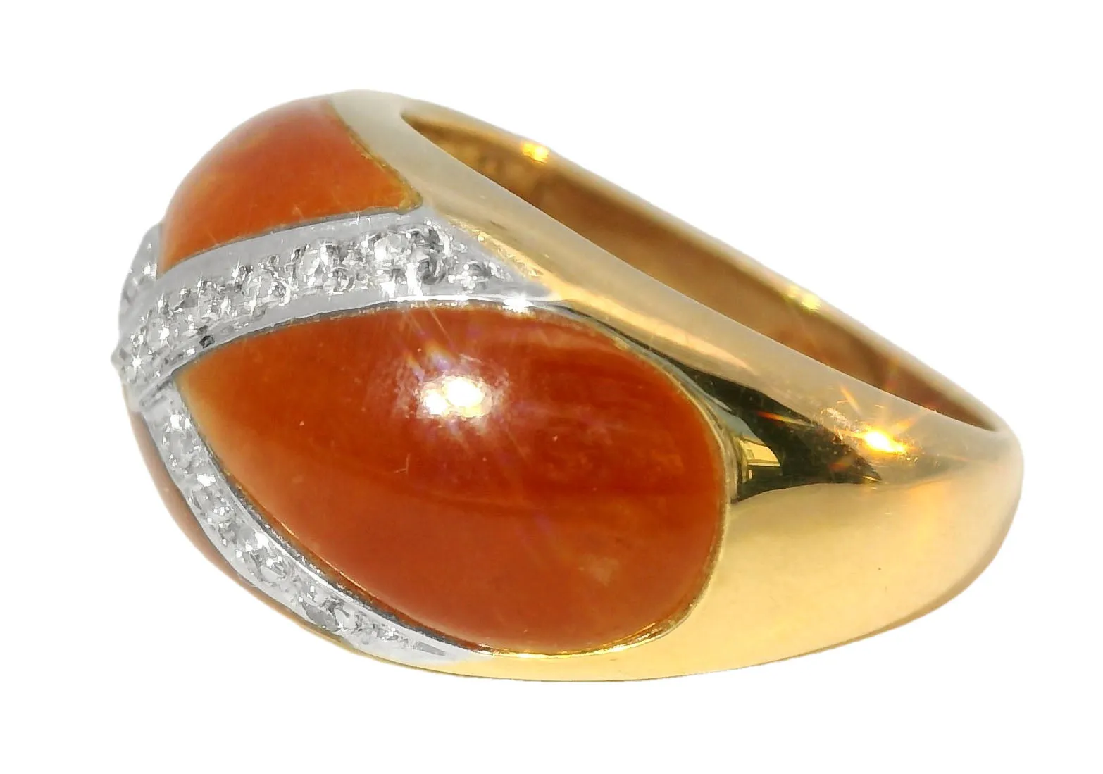 Beautiful Estate 14K Yellow Gold Designer Red Carnelian X Diamond Band Ring